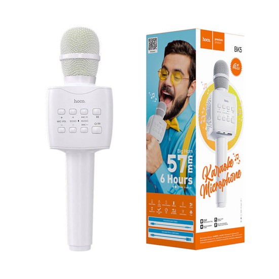 Hoco Wireless Karaoke Microphone BK5 Cantando TF Card/USB/Flash Drive/Playback Support/Multifunctional BT V5.0 1200mAh White